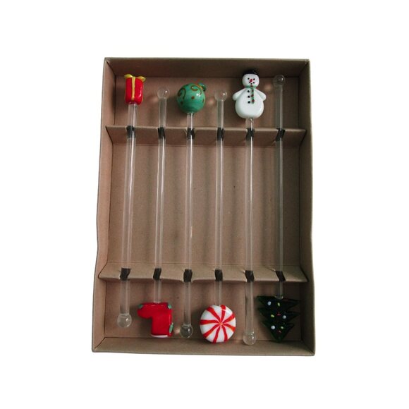 Set Of 6 Hand Blown Glass Christmas Themed Swizzle Sticks EUC - Picture 14 of 16